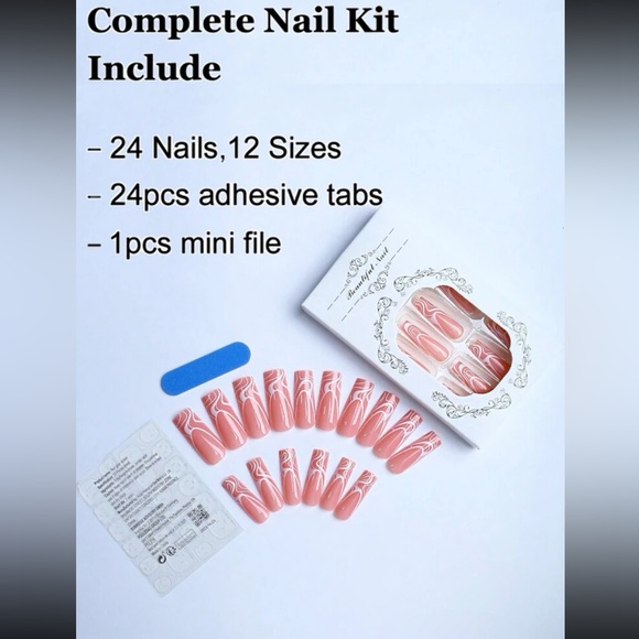 Press-Ons Nails- Long Pink and White with Design, all you need to look great! - Picture 3 of 4